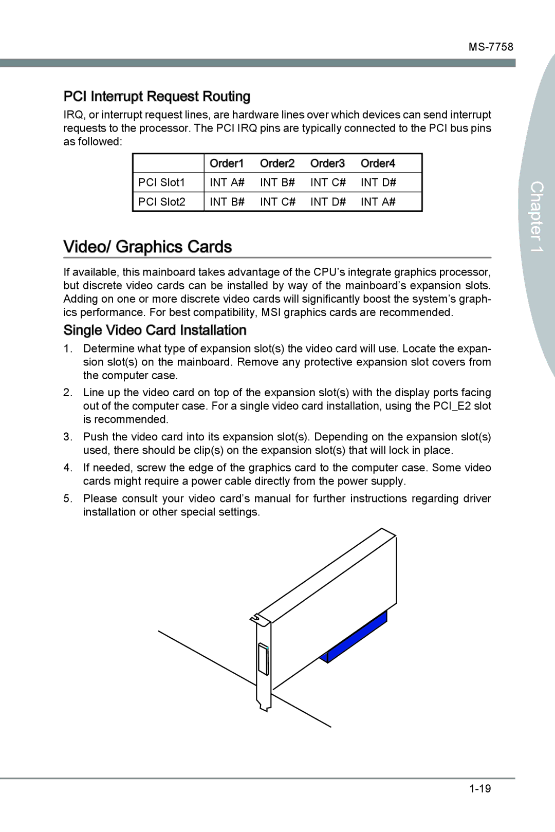 MSI Z77A-G41 manual Video/ Graphics Cards, PCI Interrupt Request Routing, Single Video Card Installation 