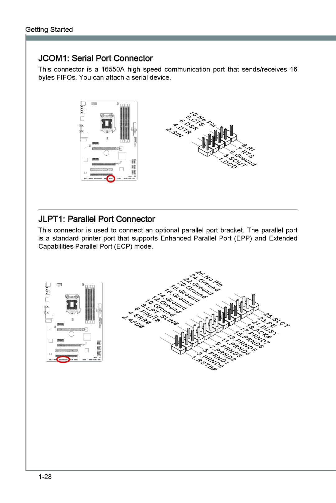 MSI Z77A-G41 manual JCOM1 Serial Port Connector, JLPT1 Parallel Port Connector 