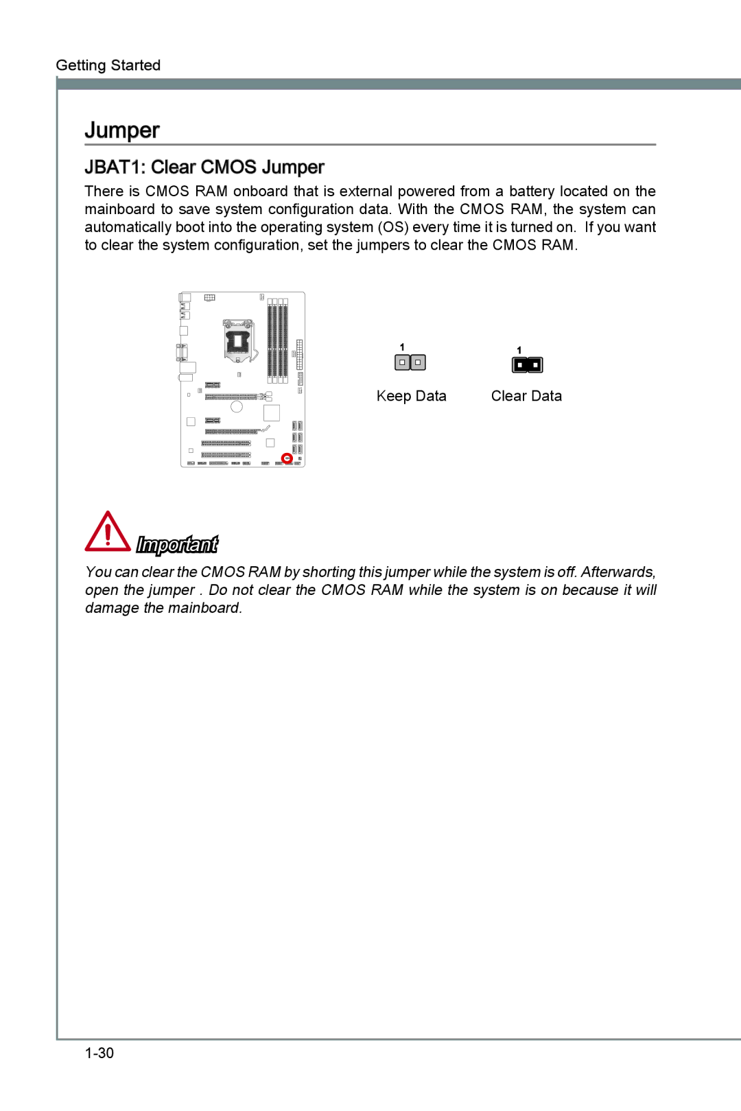 MSI Z77A-G41 manual JBAT1 Clear Cmos Jumper 