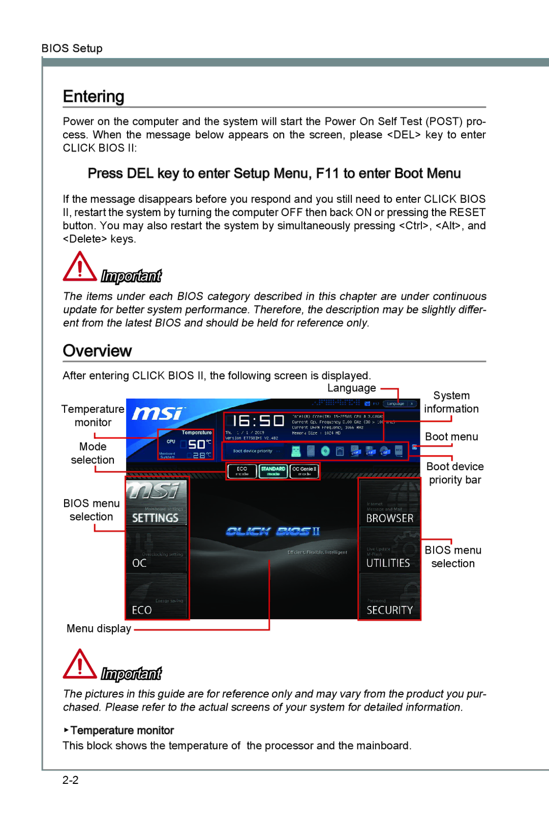 MSI Z77A-G41 manual Entering, Overview, Press DEL key to enter Setup Menu, F11 to enter Boot Menu 