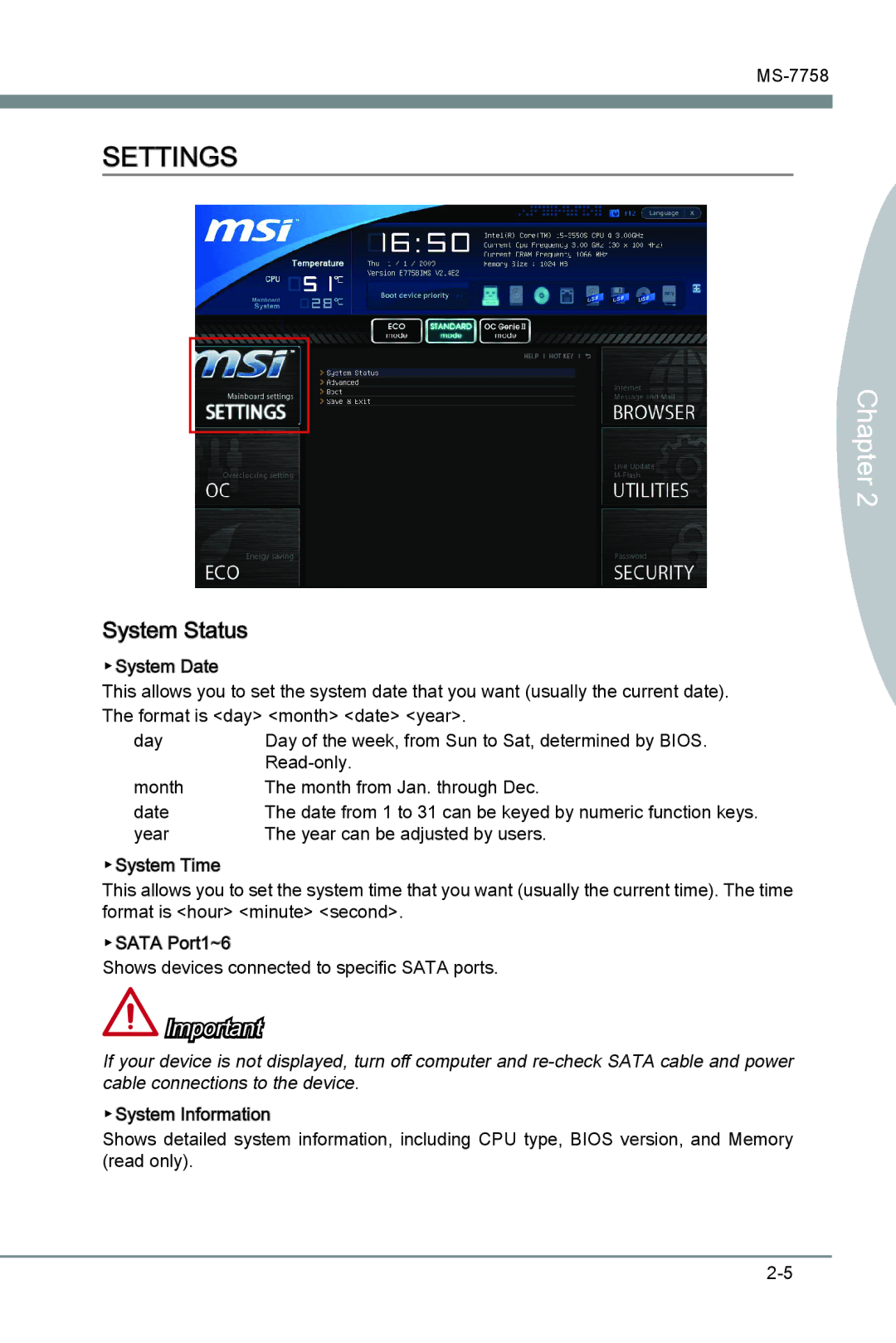 MSI Z77A-G41 manual Settings, System Status 