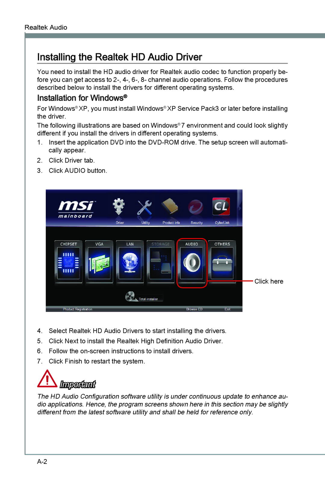 MSI Z77A-G41 manual Installing the Realtek HD Audio Driver, Installation for Windows 