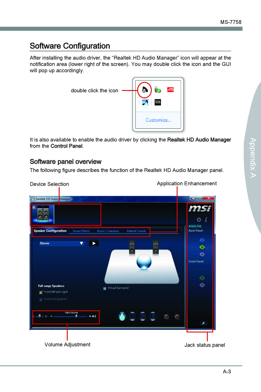 MSI Z77A-G41 manual Software Configuration, Software panel overview 