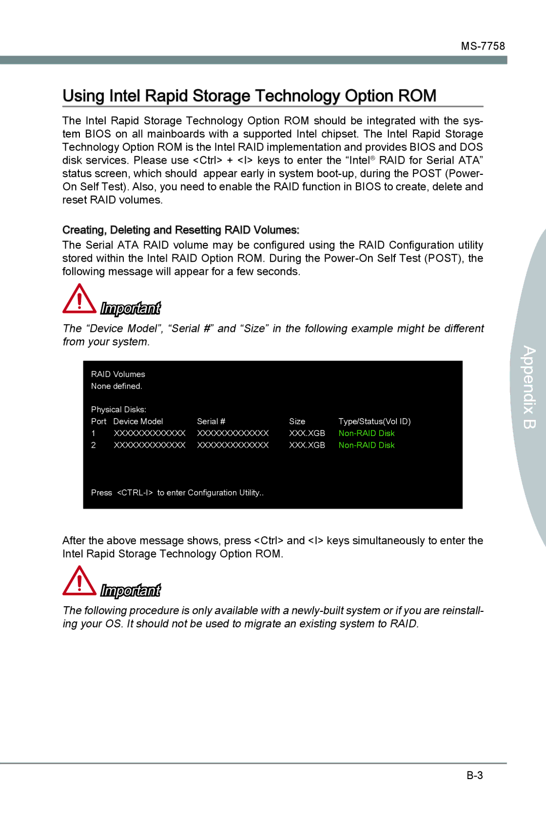 MSI Z77A-G41 manual Using Intel Rapid Storage Technology Option ROM, Ix B Append 