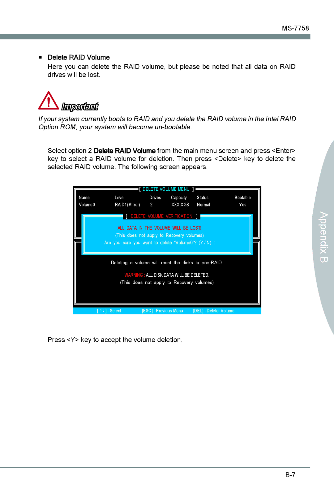 MSI Z77A-G41 manual Press Y key to accept the volume deletion 