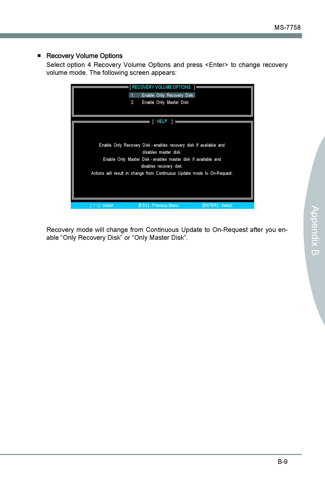 MSI Z77A-G41 manual Recovery Volume Options 