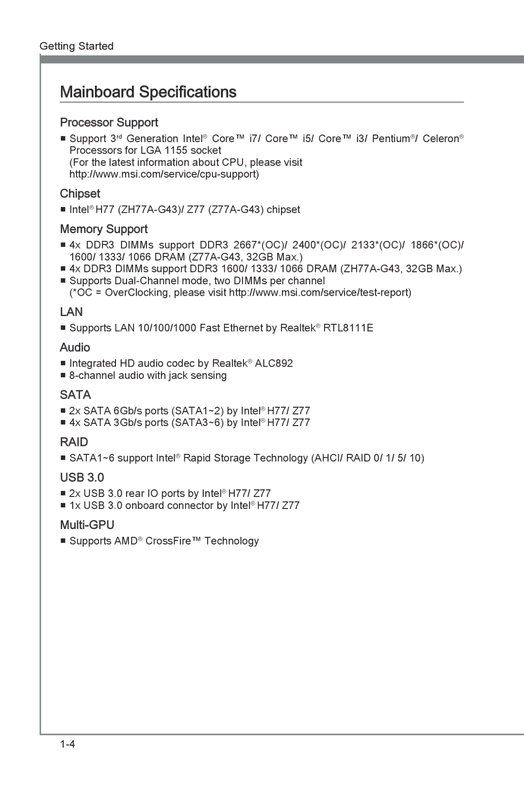 MSI Z77A-G43 manual Mainboard Specifications, Processor Support 