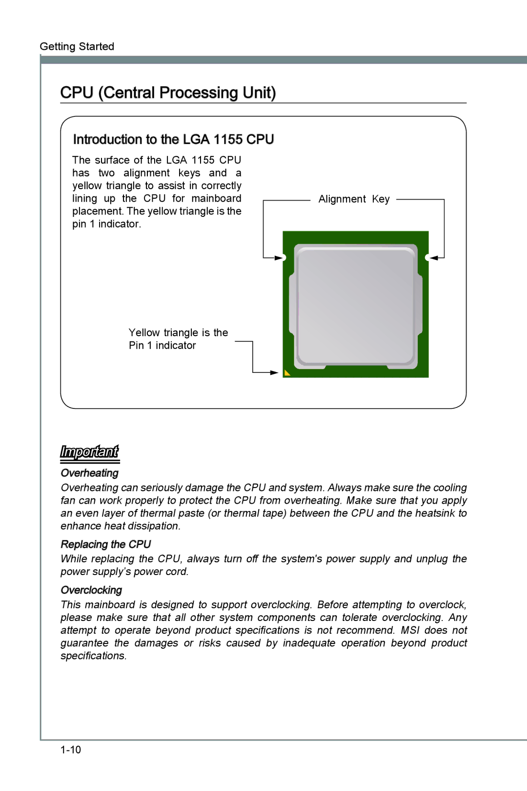 MSI Z77A-G43 manual CPU Central Processing Unit, Introduction to the LGA 1155 CPU 