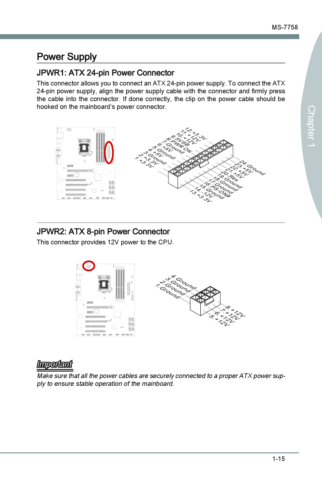 MSI Z77A-G43 manual Power Supply, JPWR1 ATX 24-pin Power Connector, JPWR2 ATX 8-pin Power Connector 