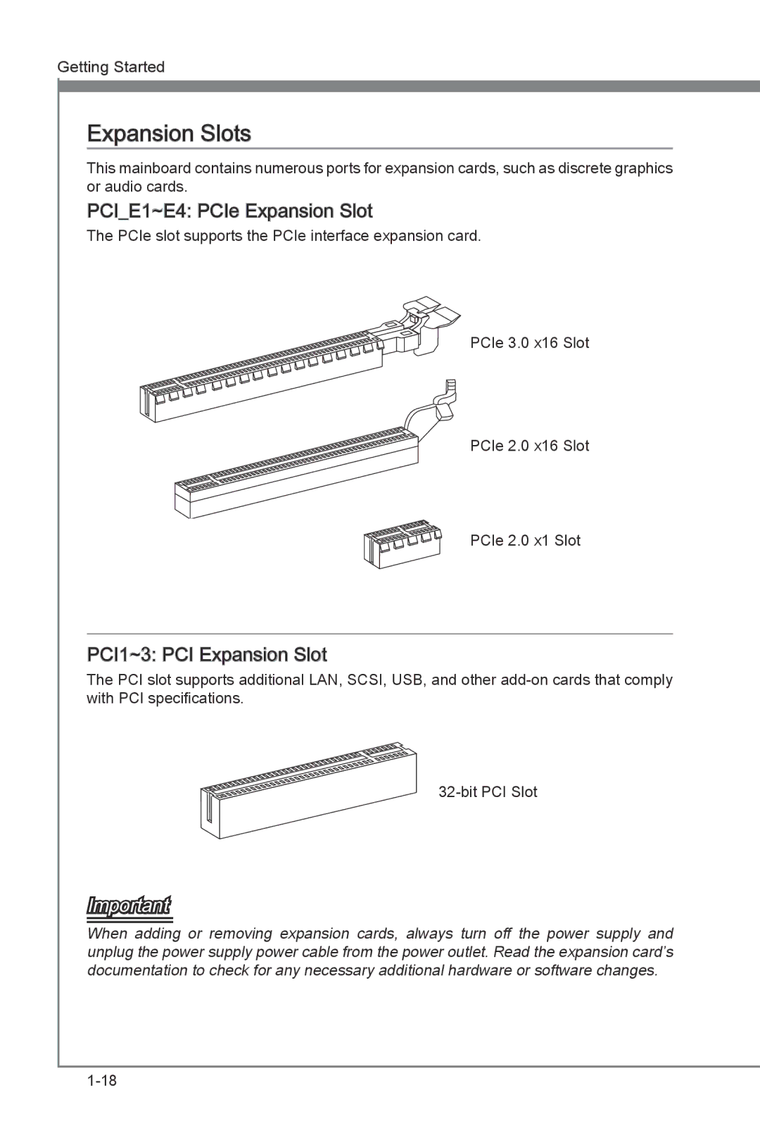 MSI Z77A-G43 manual Expansion Slots, PCIE1~E4 PCIe Expansion Slot, PCI1~3 PCI Expansion Slot 