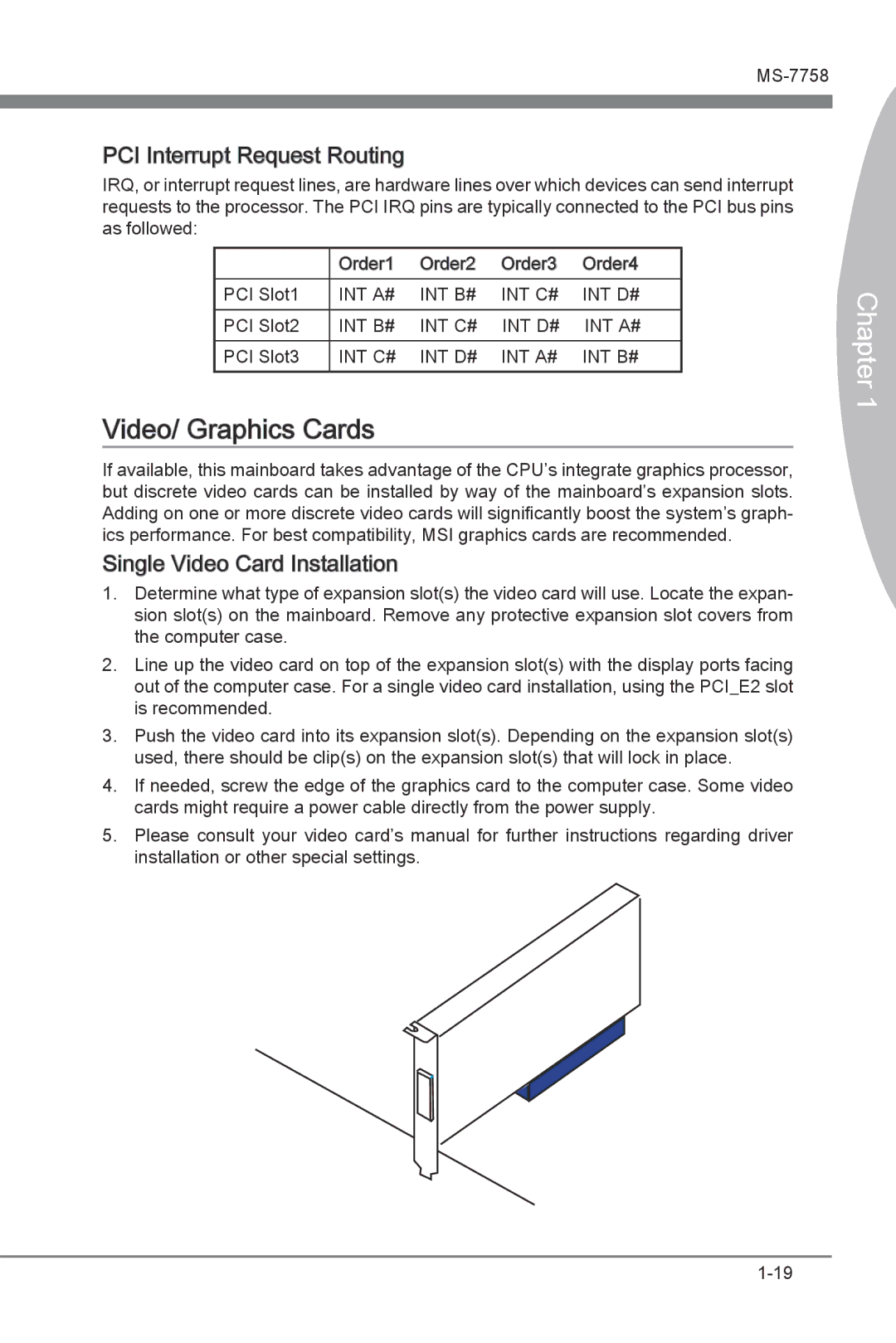 MSI Z77A-G43 manual Video/ Graphics Cards, PCI Interrupt Request Routing, Single Video Card Installation 