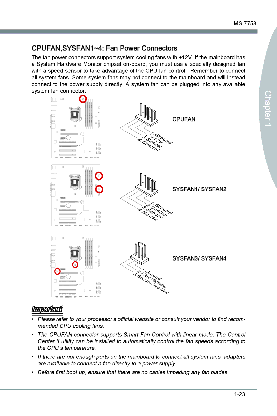 MSI Z77A-G43 manual CPUFAN,SYSFAN1~4 Fan Power Connectors 