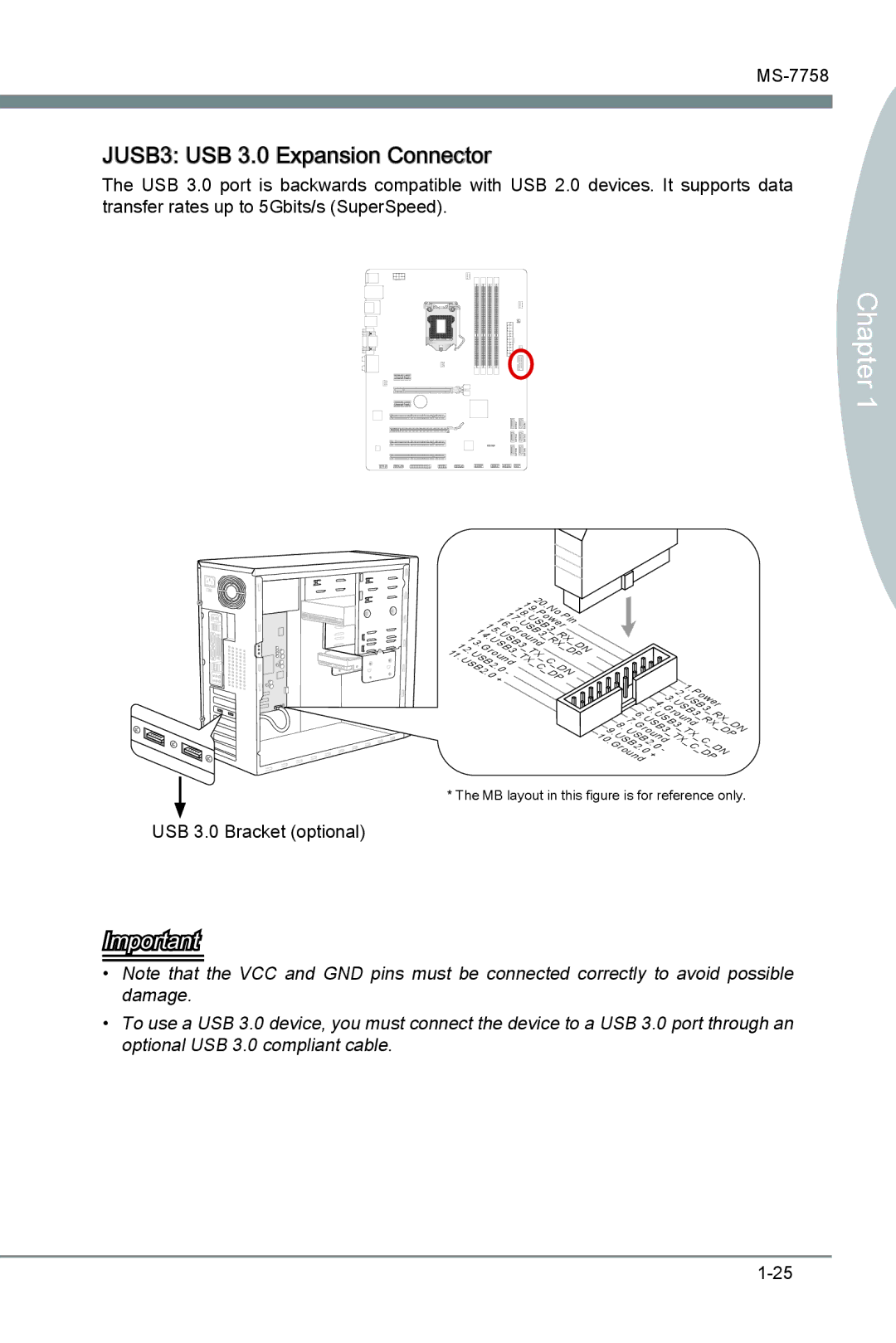 MSI Z77A-G43 manual JUSB3 USB 3.0 Expansion Connector, USB 3.0 Bracket optional 