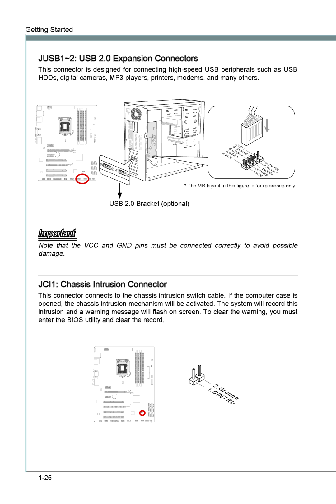 MSI Z77A-G43 manual JUSB1~2 USB 2.0 Expansion Connectors, JCI1 Chassis Intrusion Connector 