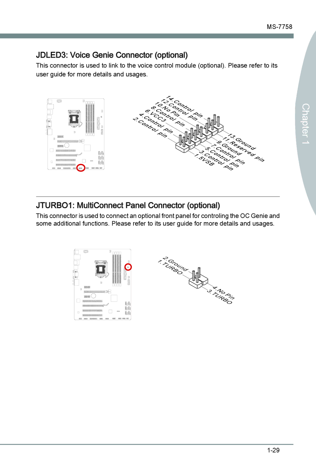 MSI Z77A-G43 manual JDLED3 Voice Genie Connector optional, JTURBO1 MultiConnect Panel Connector optional 