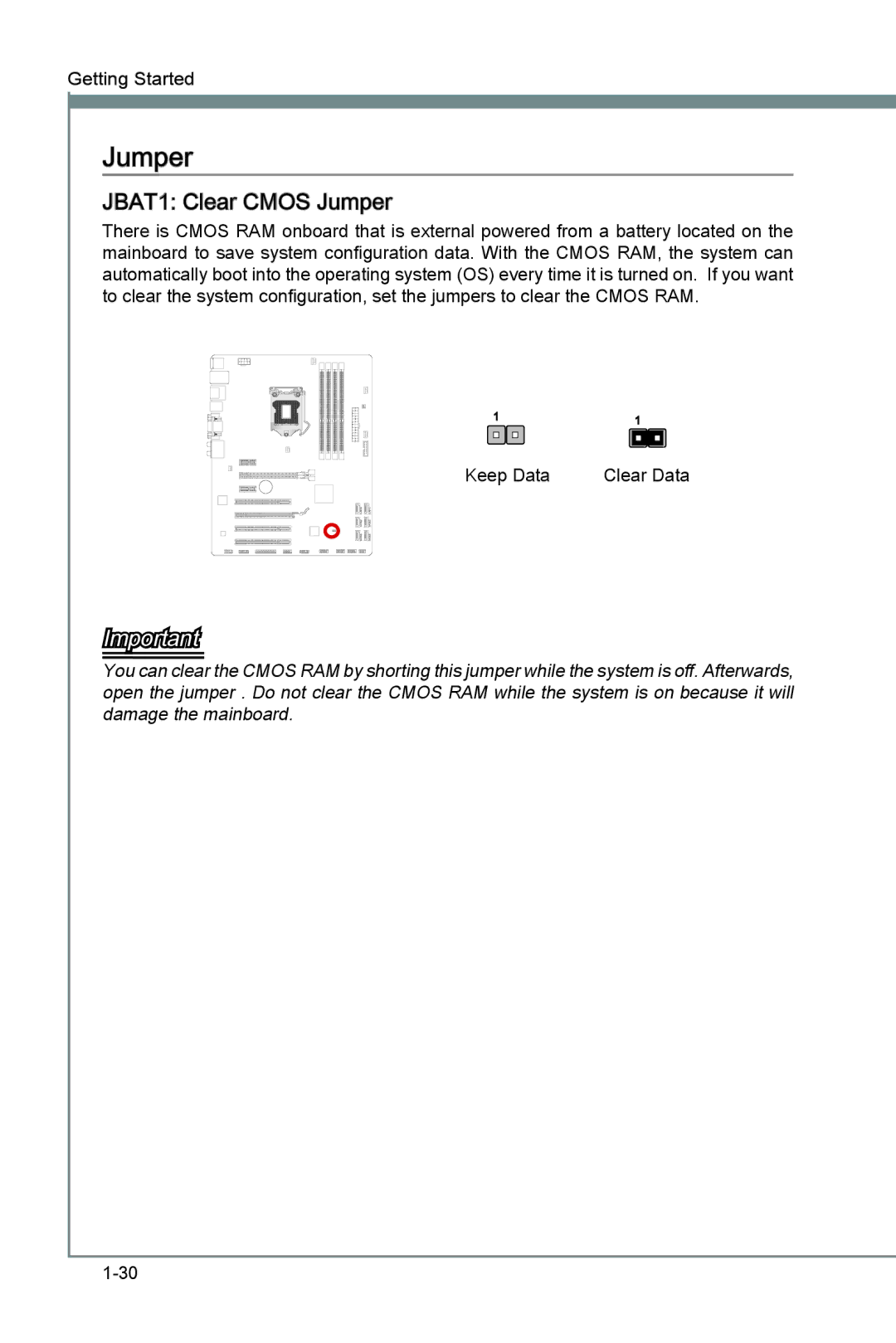 MSI Z77A-G43 manual JBAT1 Clear Cmos Jumper 