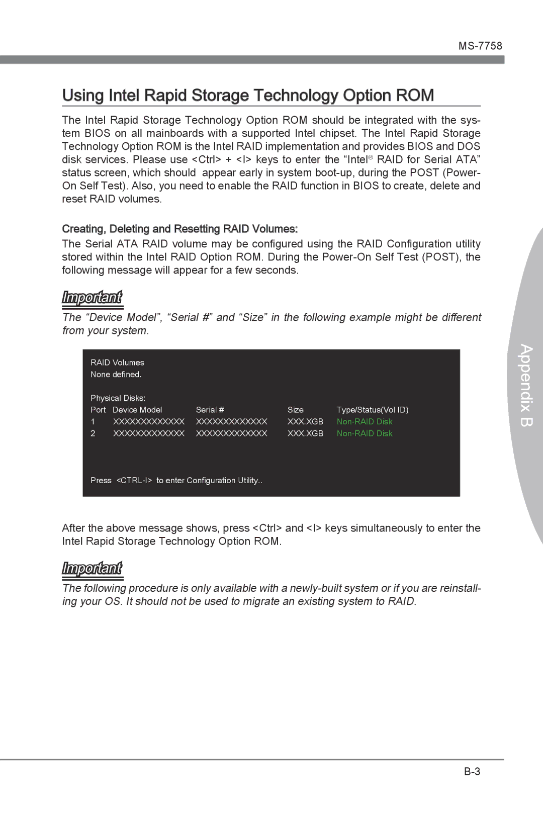 MSI Z77A-G43 manual Using Intel Rapid Storage Technology Option ROM, Ix B Append 