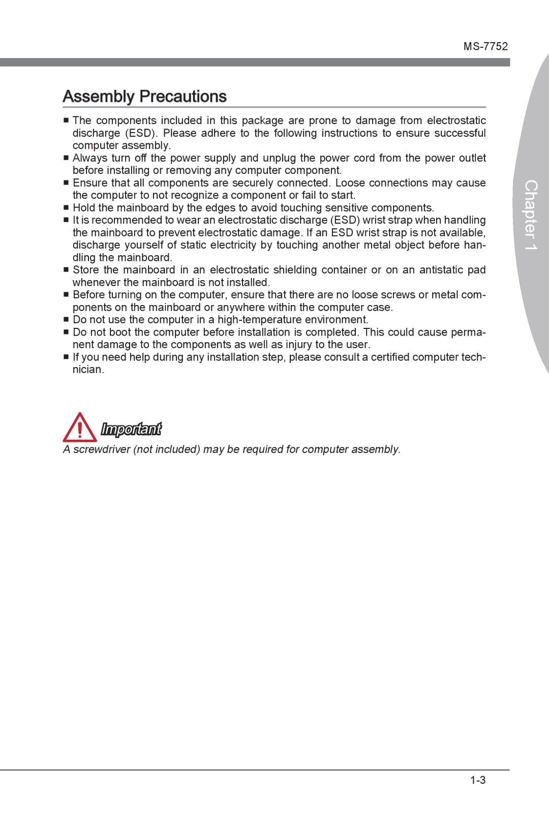 MSI Z77A-G45 Thunderbolt manual Assembly Precautions, Chapter 