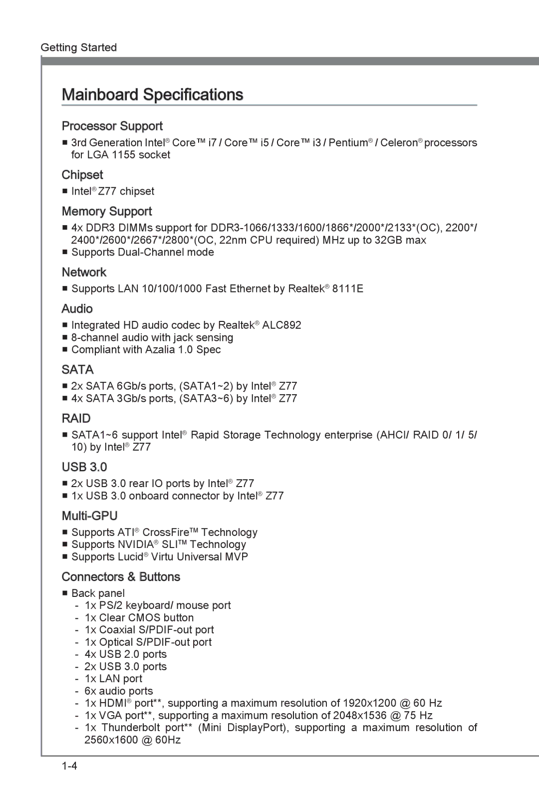 MSI Z77A-G45 Thunderbolt manual Mainboard Specifications, Processor Support 