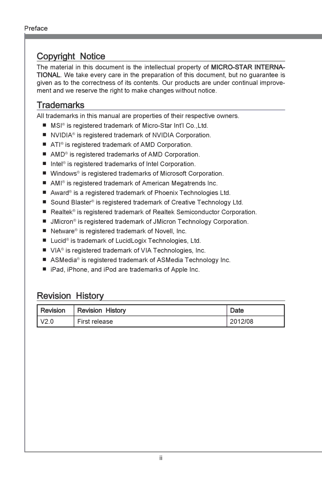 MSI Z77A-G45 Thunderbolt manual Revision History 