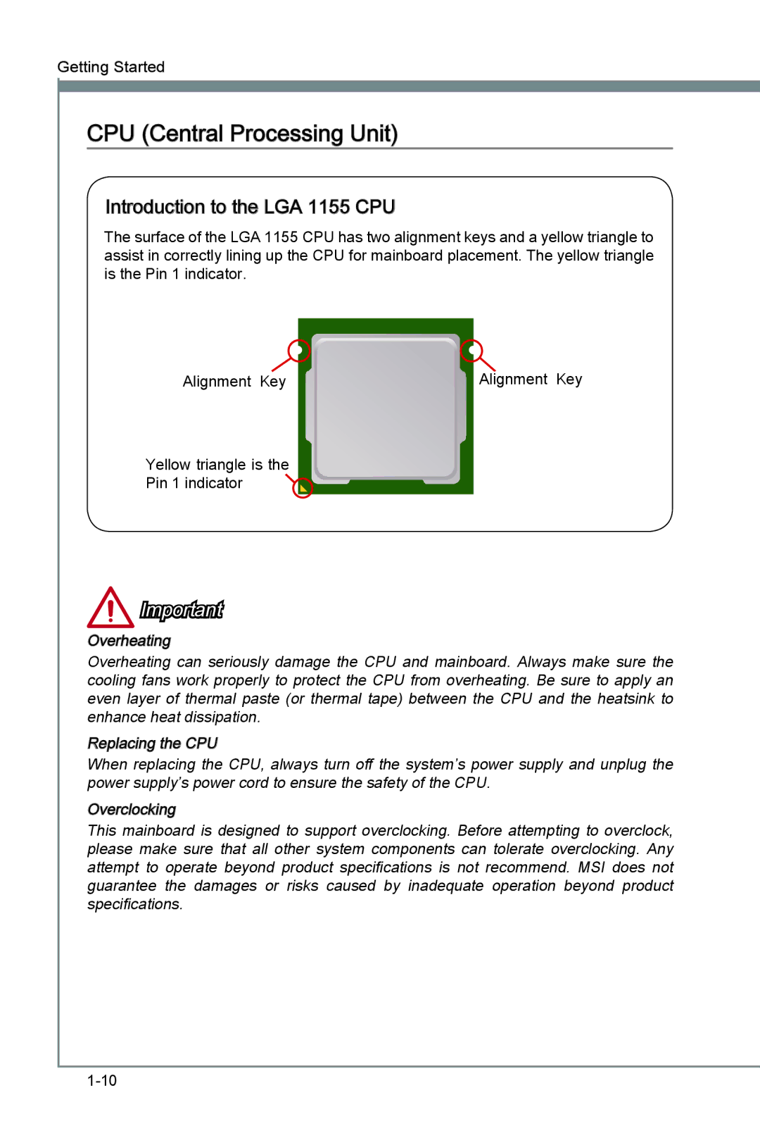 MSI Z77A-G45 Thunderbolt manual CPU Central Processing Unit, Introduction to the LGA 1155 CPU 