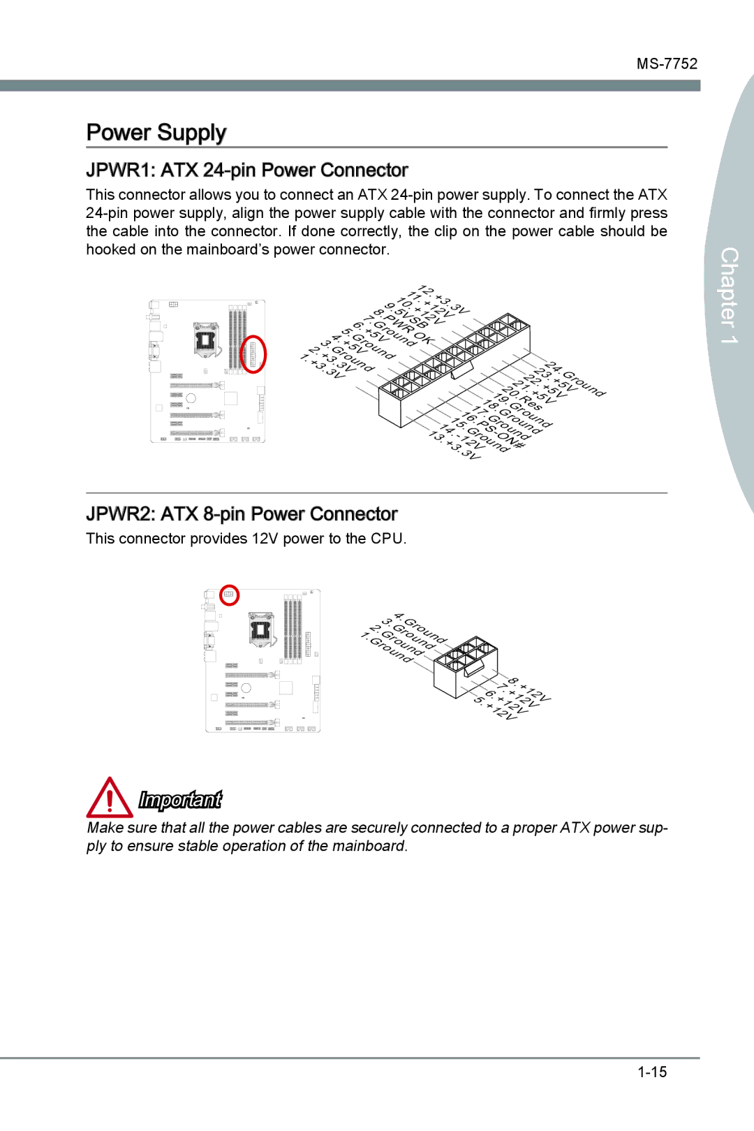 MSI Z77A-G45 Thunderbolt manual Power Supply, JPWR1 ATX 24-pin Power Connector, JPWR2 ATX 8-pin Power Connector 