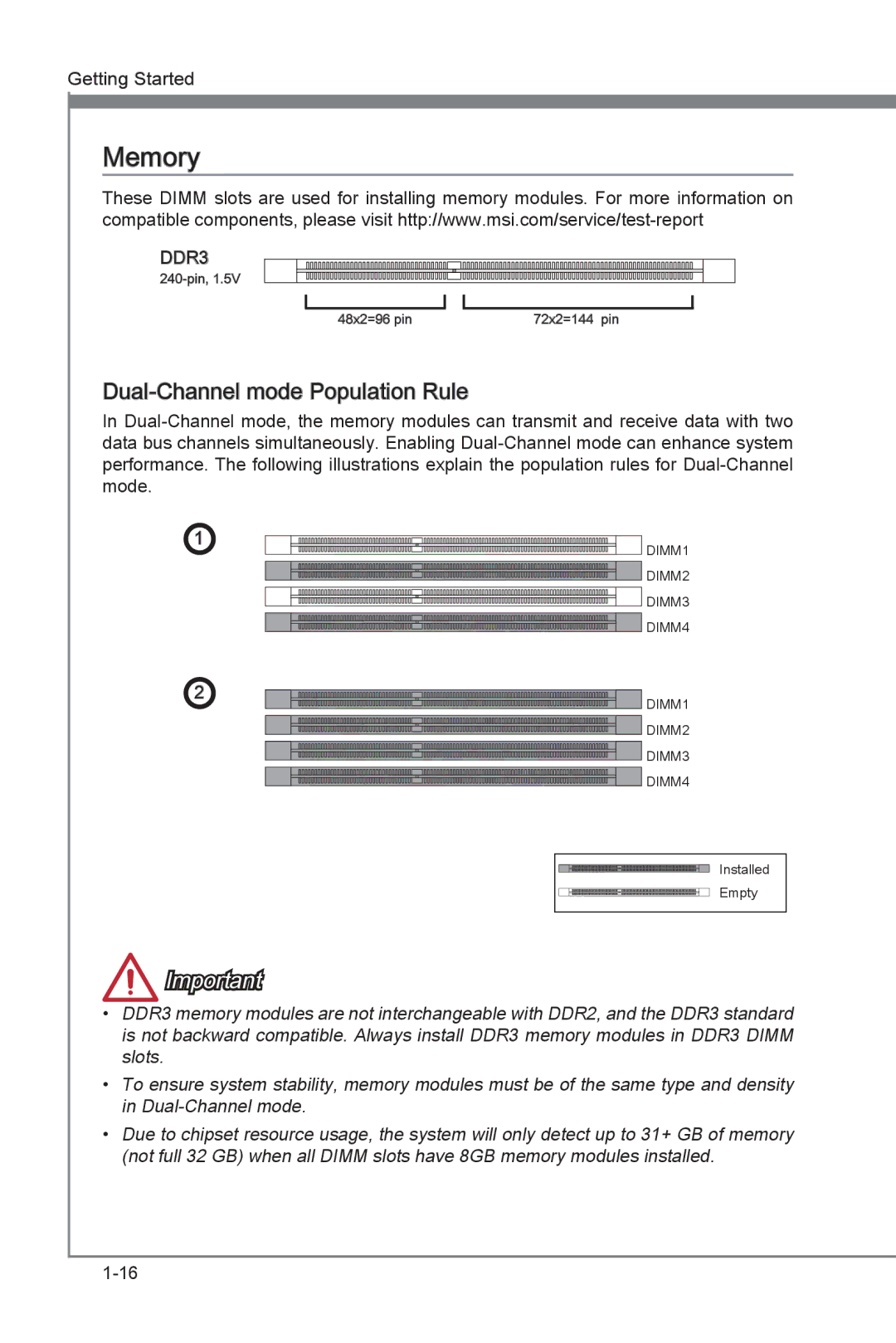 MSI Z77A-G45 Thunderbolt manual Memory, Dual -Channel mode Population Rule 