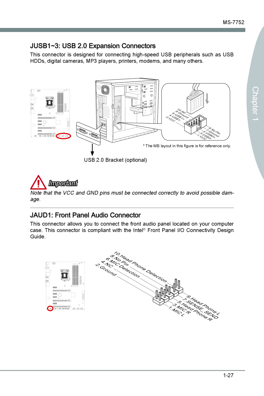 MSI Z77A-G45 Thunderbolt manual JUSB1~3 USB 2.0 Expansion Connectors, JAUD1 Front Panel Audio Connector 