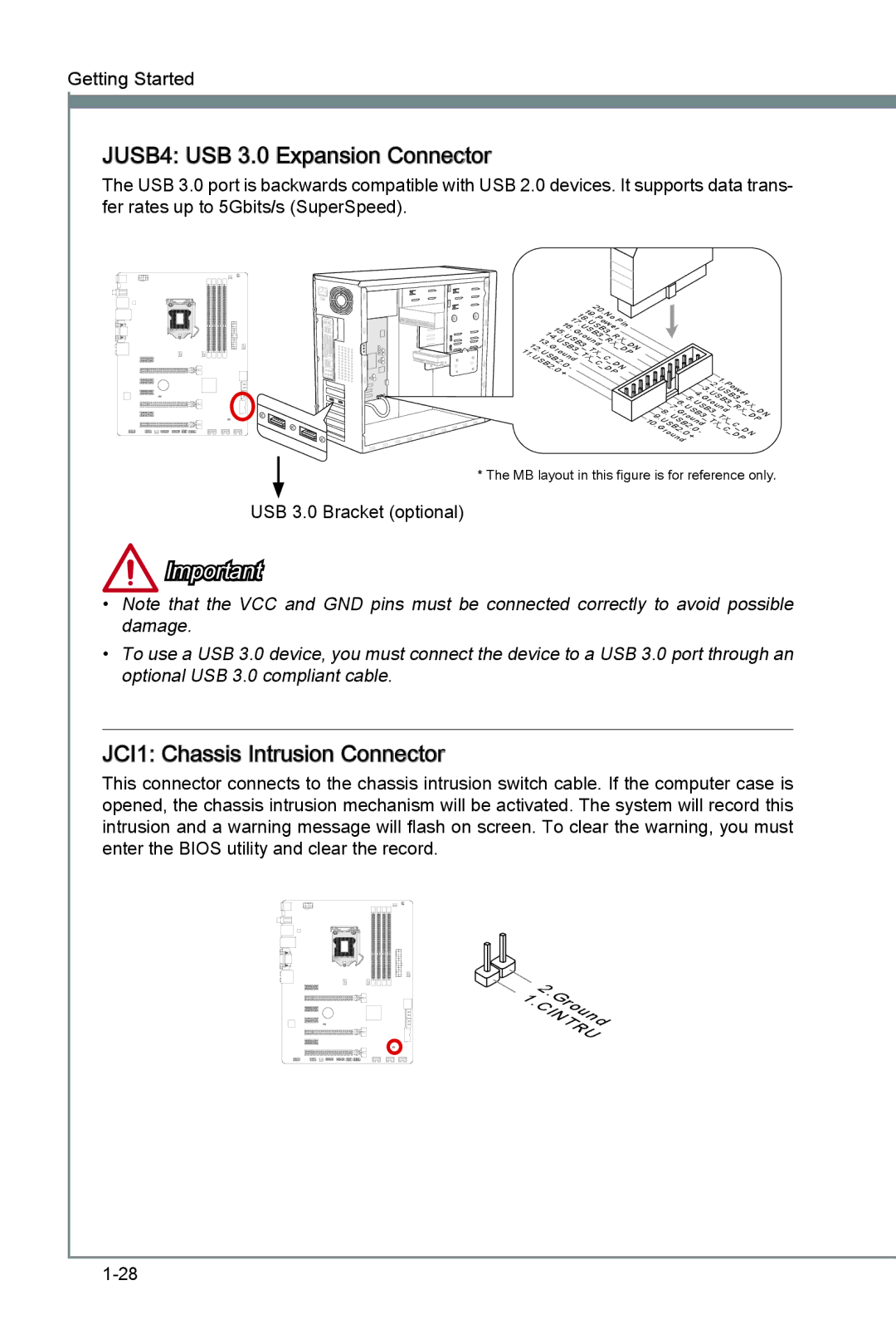 MSI Z77A-G45 Thunderbolt manual JUSB4 USB 3.0 Expansion Connector, JCI1 Chassis Intrusion Connector 