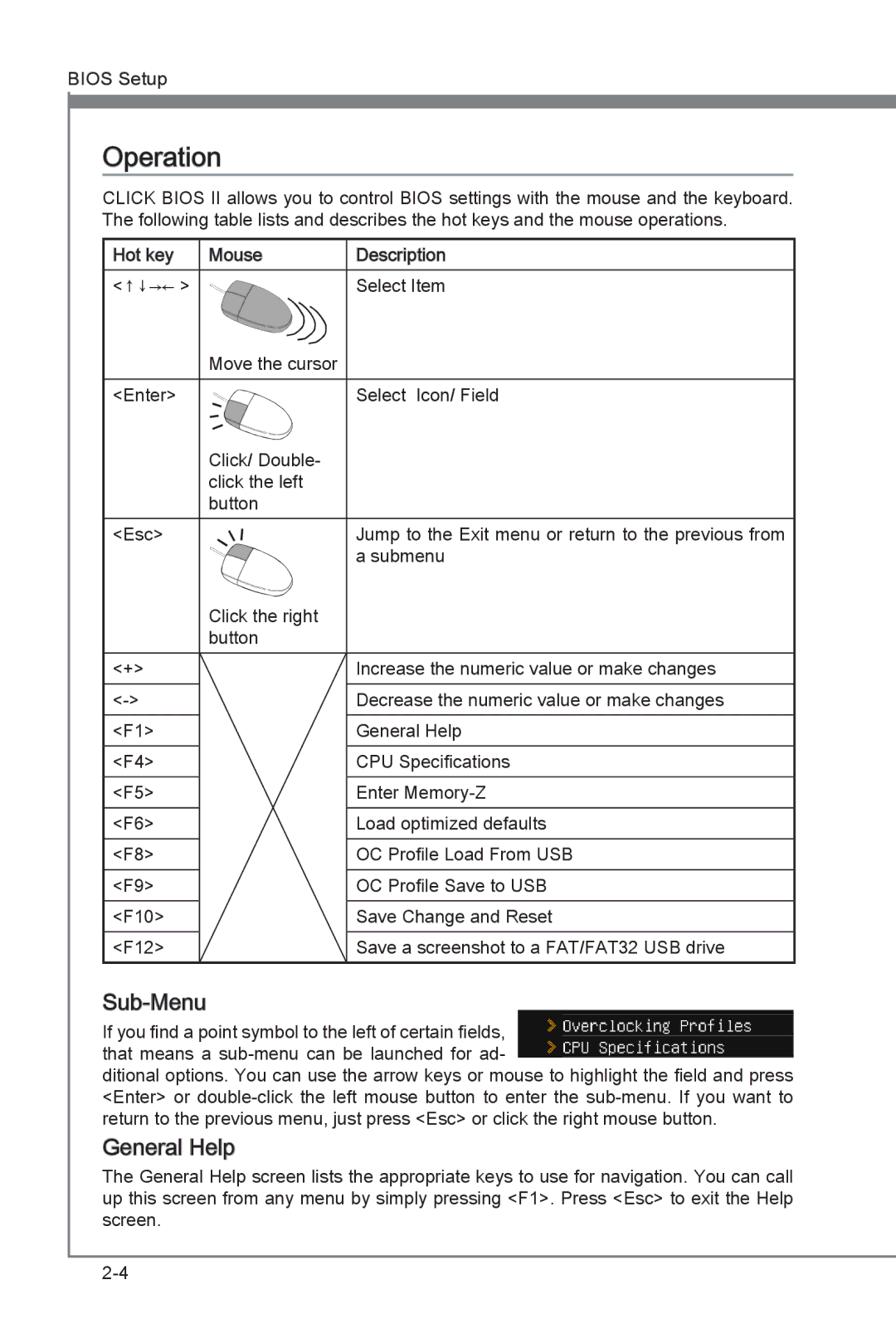 MSI Z77A-G45 Thunderbolt manual Operation, Sub-Menu, General Help 