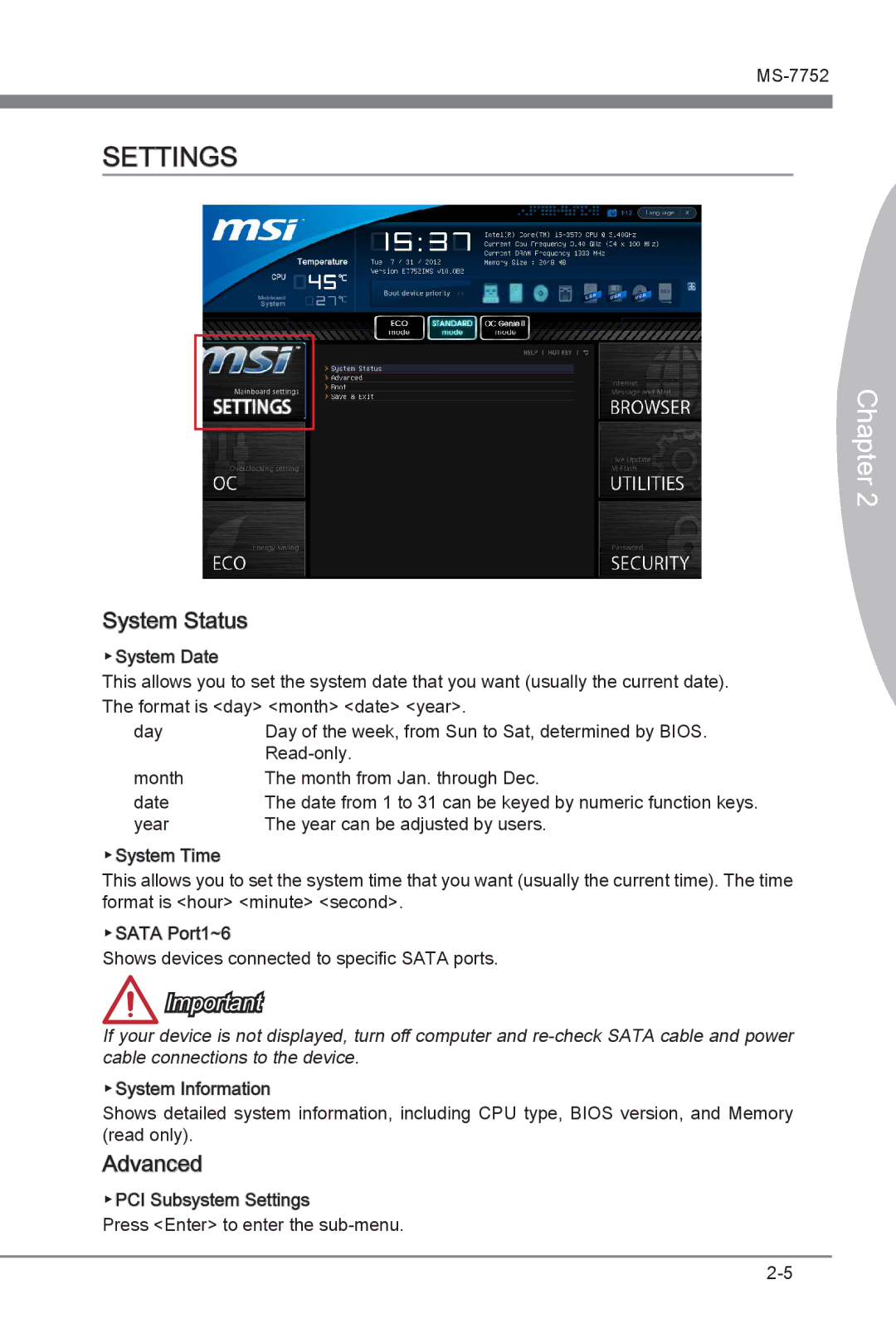 MSI Z77A-G45 Thunderbolt manual System Status, Advanced 