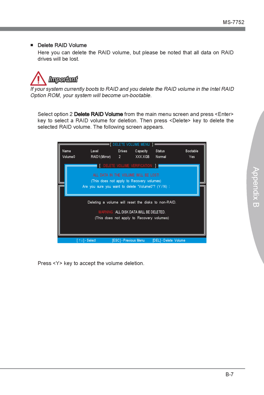 MSI Z77A-G45 Thunderbolt manual Press Y key to accept the volume deletion 