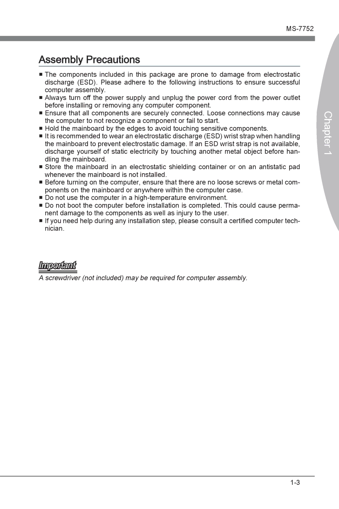 MSI Z77A-G45 manual Assembly Precautions, Chapter 