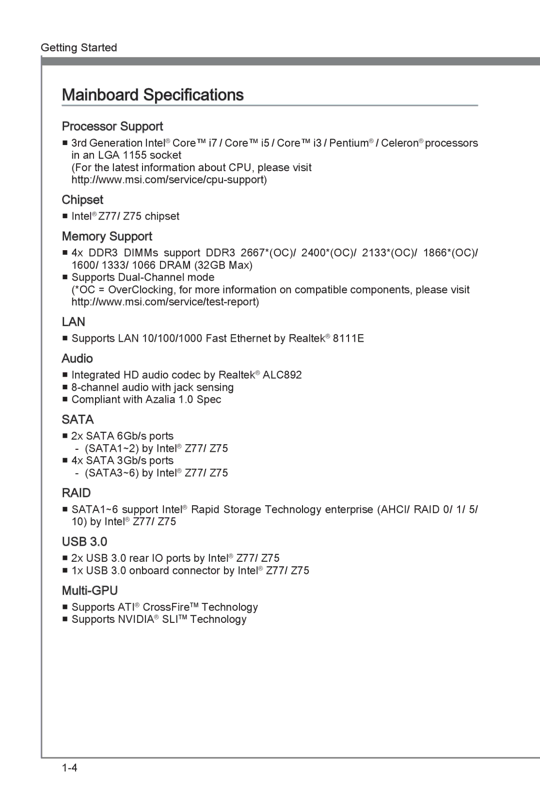 MSI Z77A-G45 manual Mainboard Specifications, Processor Support 