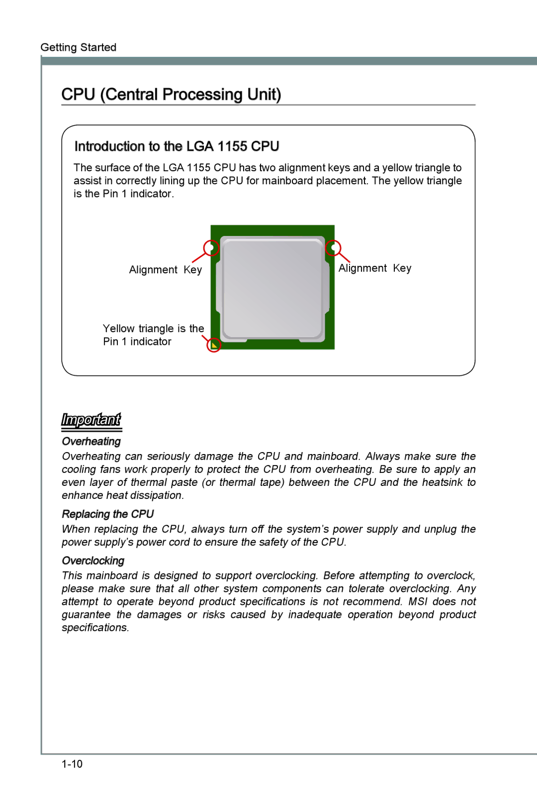 MSI Z77A-G45 manual CPU Central Processing Unit, Introduction to the LGA 1155 CPU 