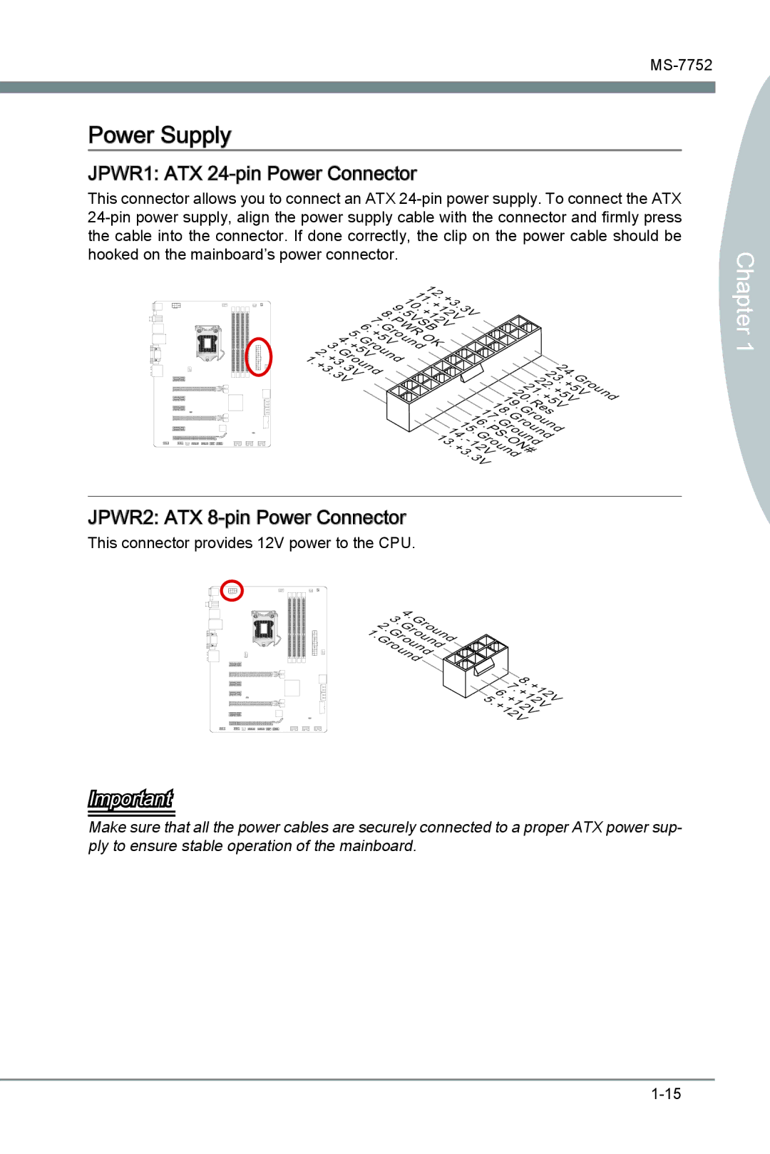 MSI Z77A-G45 manual Power Supply, JPWR1 ATX 24-pin Power Connector, JPWR2 ATX 8-pin Power Connector 