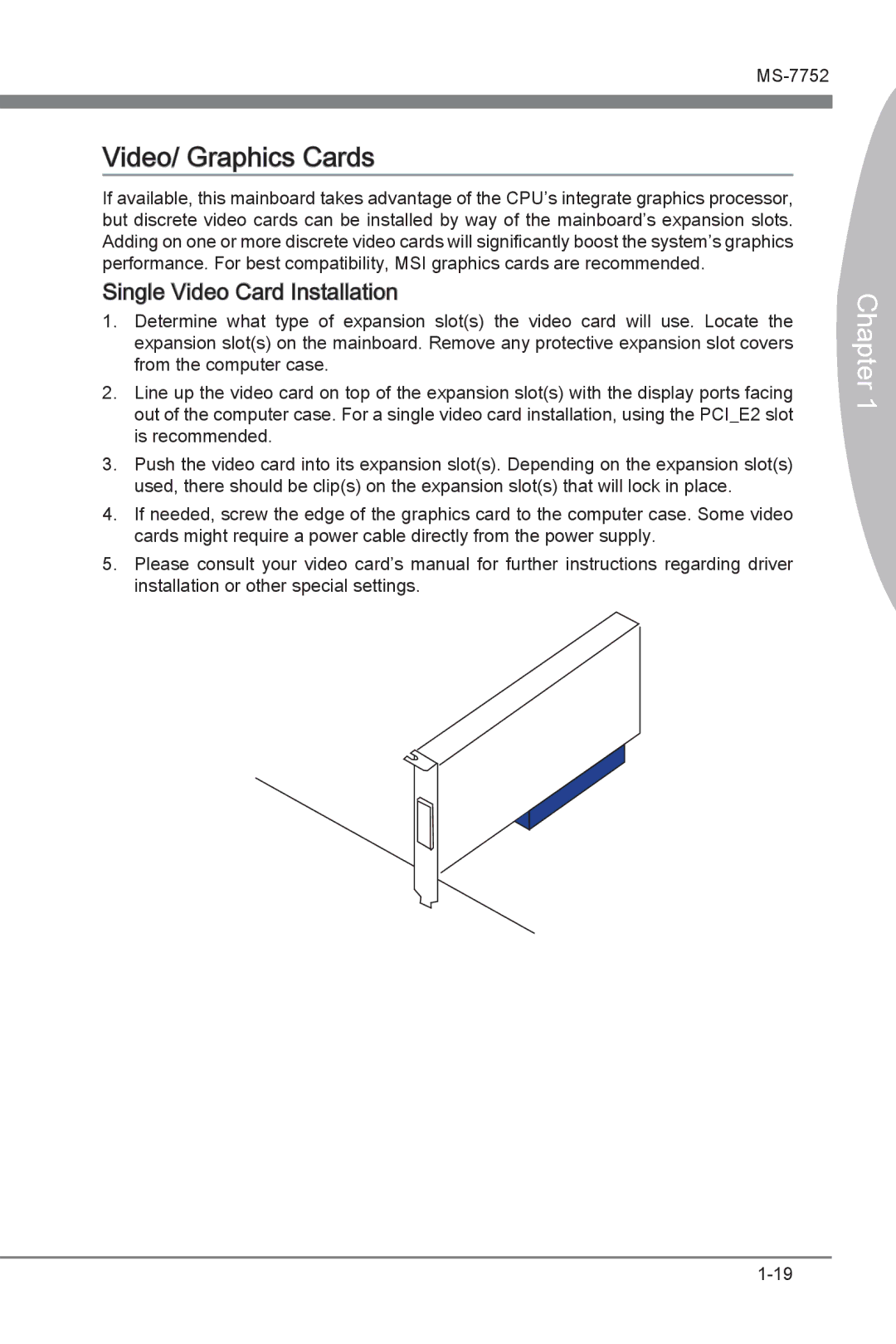 MSI Z77A-G45 manual Video/ Graphics Cards, Single Video Card Installation 