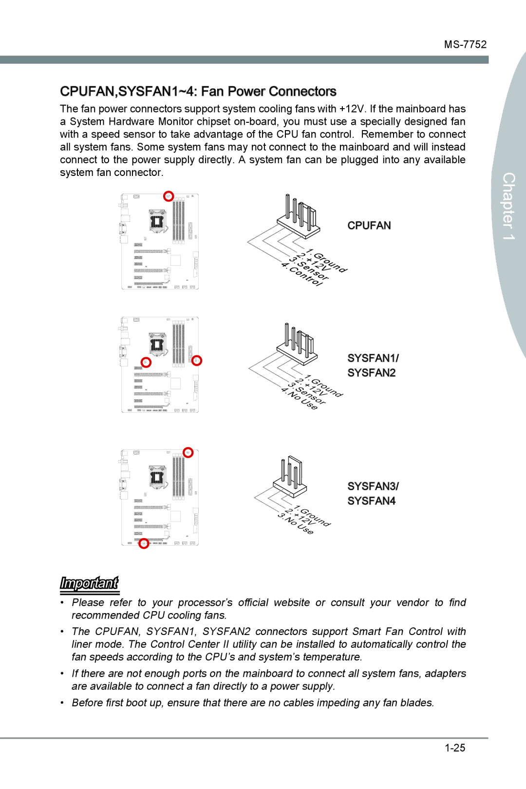 MSI Z77A-G45 manual CPUFAN,SYSFAN1~4 Fan Power Connectors 