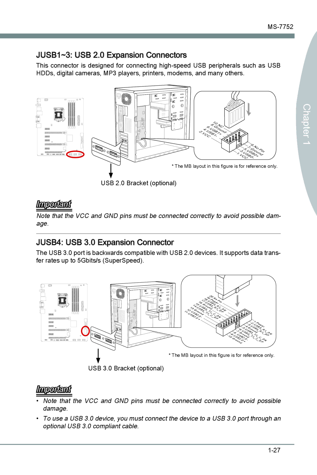 MSI Z77A-G45 manual JUSB1~3 USB 2.0 Expansion Connectors, JUSB4 USB 3.0 Expansion Connector 