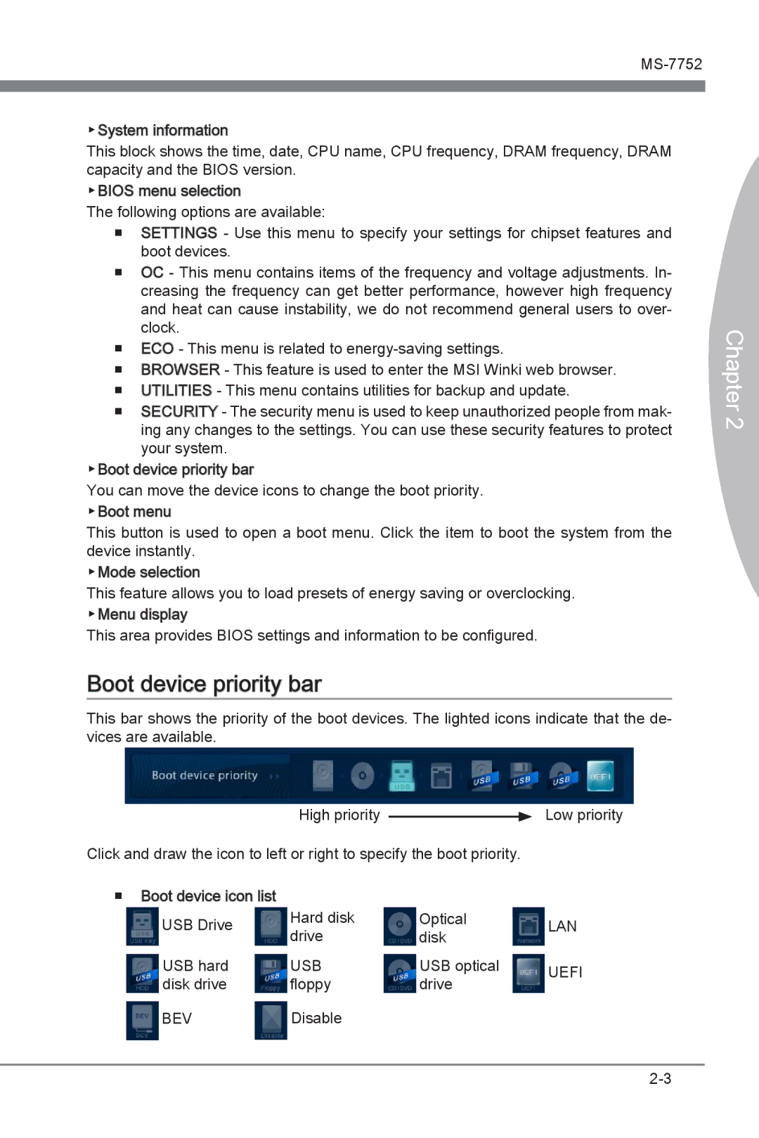 MSI Z77A-G45 manual Boot device priority bar 