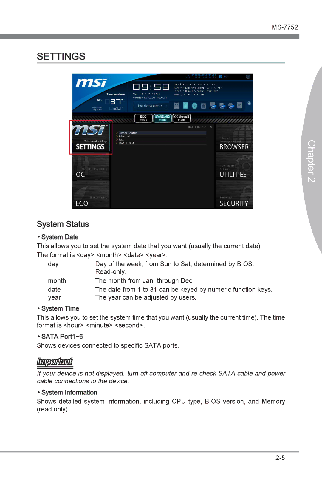 MSI Z77A-G45 manual Settings, System Status 