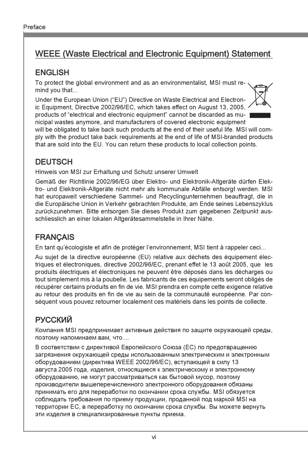 MSI Z77A-G45 manual Weee Waste Electrical and Electronic Equipment Statement 