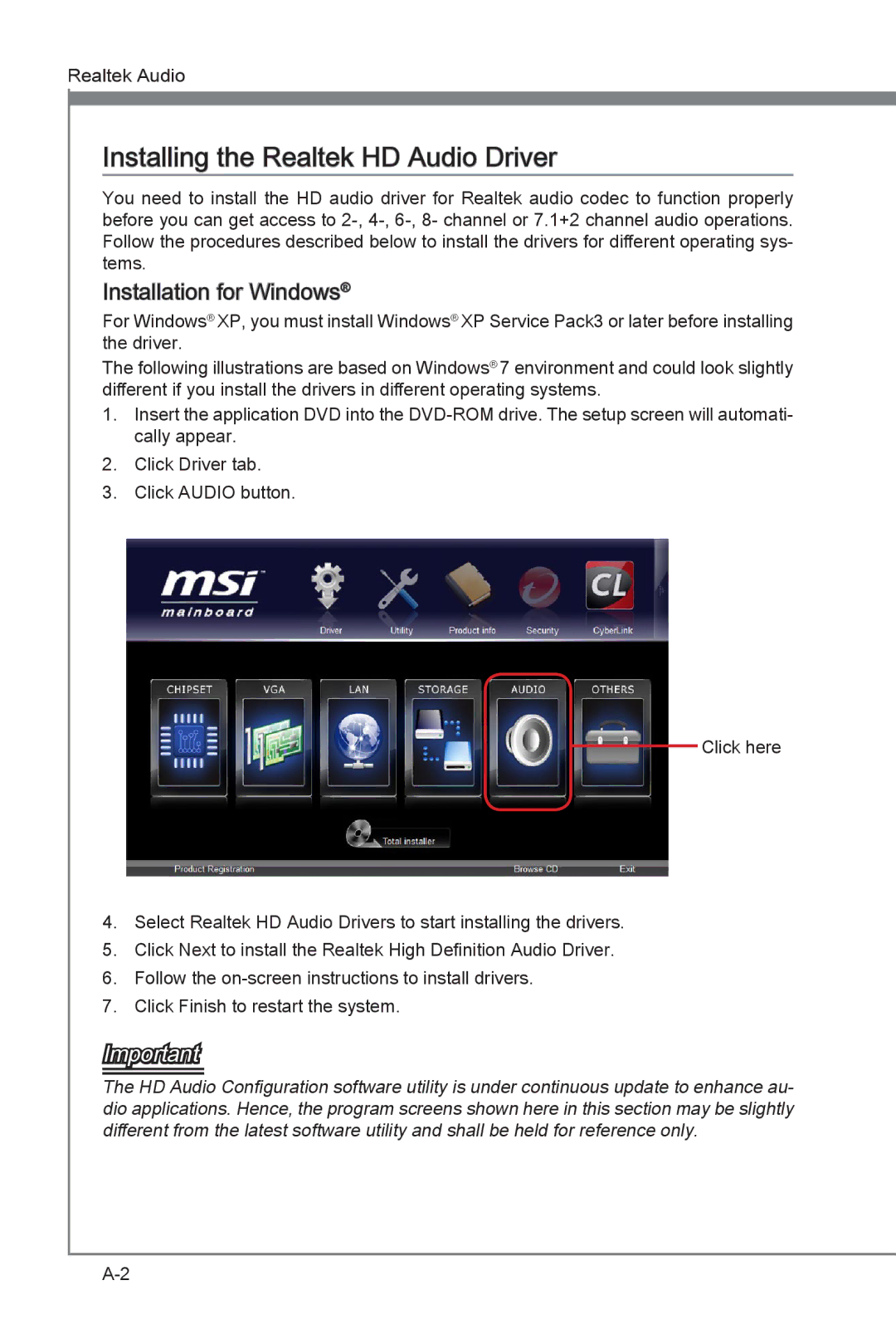 MSI Z77A-G45 manual Installing the Realtek HD Audio Driver, Installation for Windows 