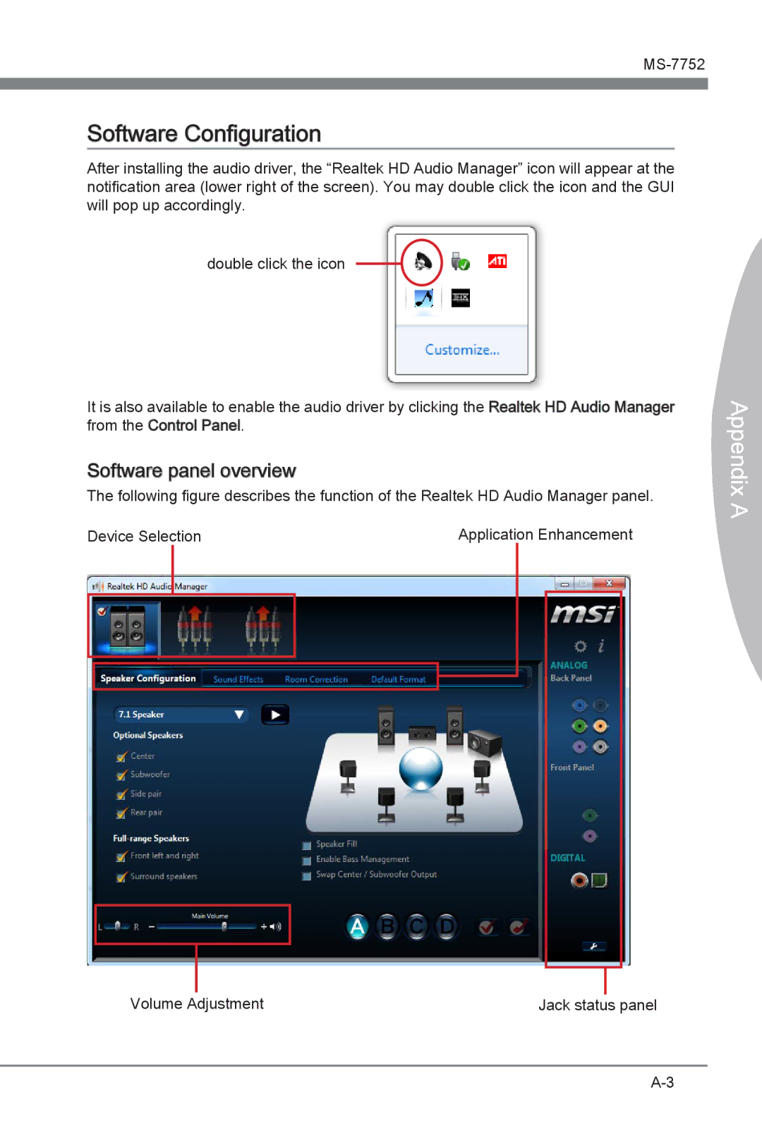 MSI Z77A-G45 manual Software Configuration, Software panel overview 