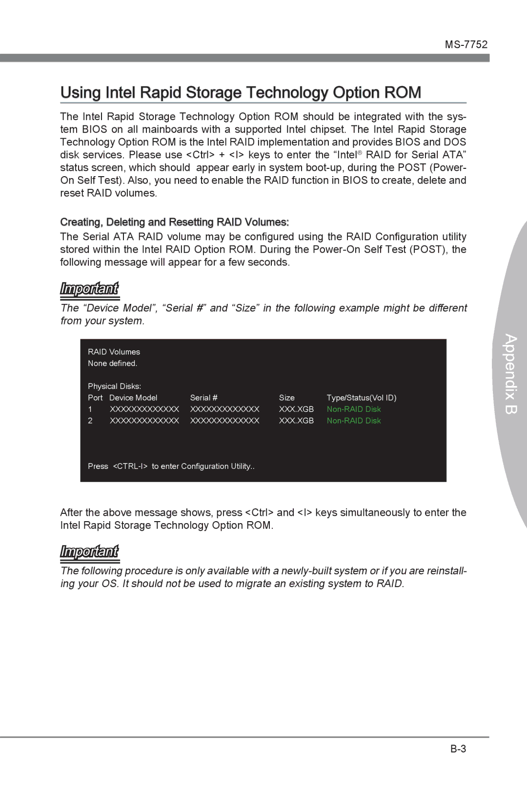 MSI Z77A-G45 manual Using Intel Rapid Storage Technology Option ROM, Ix B Append 