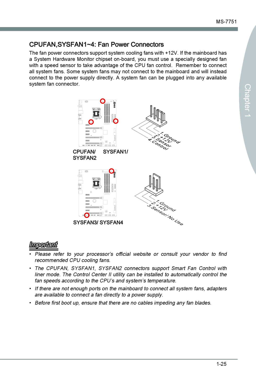 MSI Z77A-GD65 manual CPUFAN,SYSFAN1~4 Fan Power Connectors 