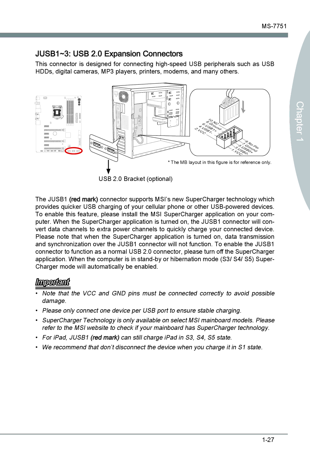 MSI Z77A-GD65 manual JUSB1~3 USB 2.0 Expansion Connectors 