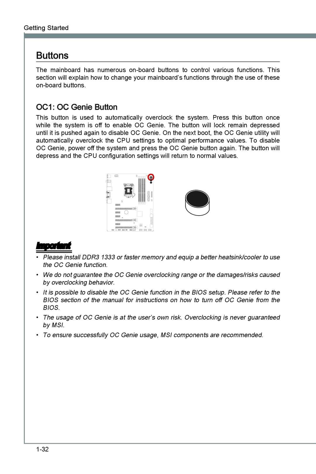 MSI Z77A-GD65 manual Buttons, OC1 OC Genie Button 