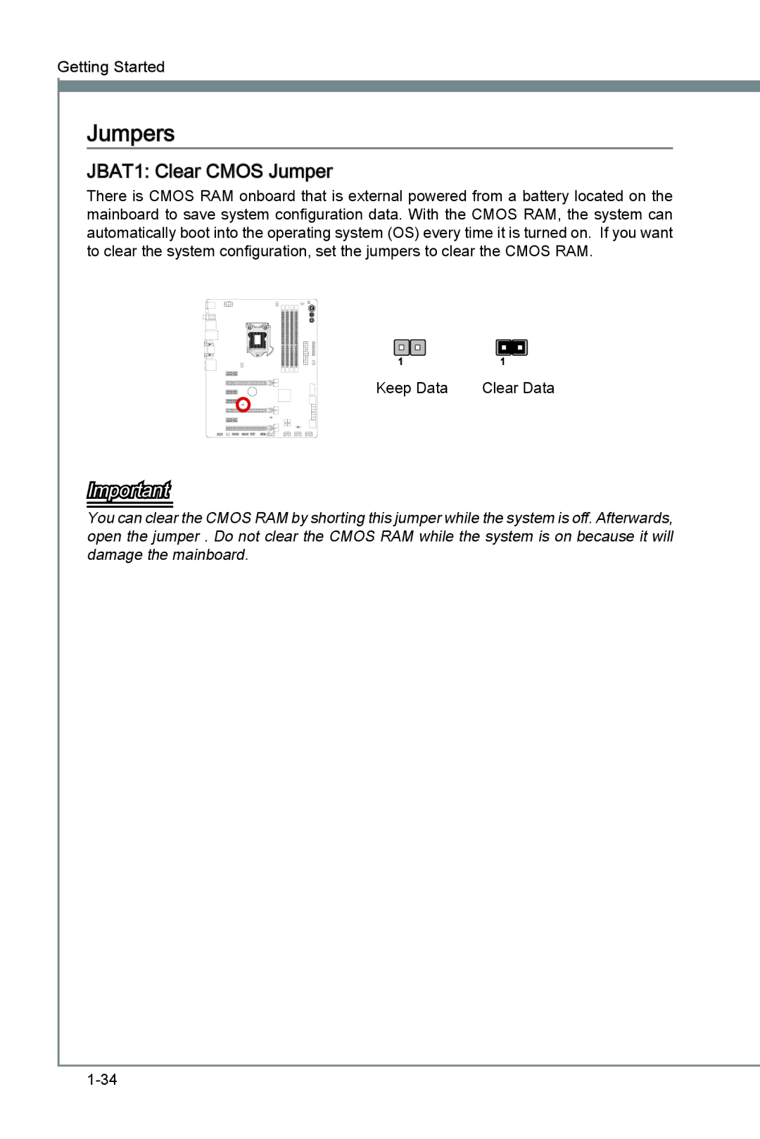 MSI Z77A-GD65 manual Jumpers, JBAT1 Clear Cmos Jumper 