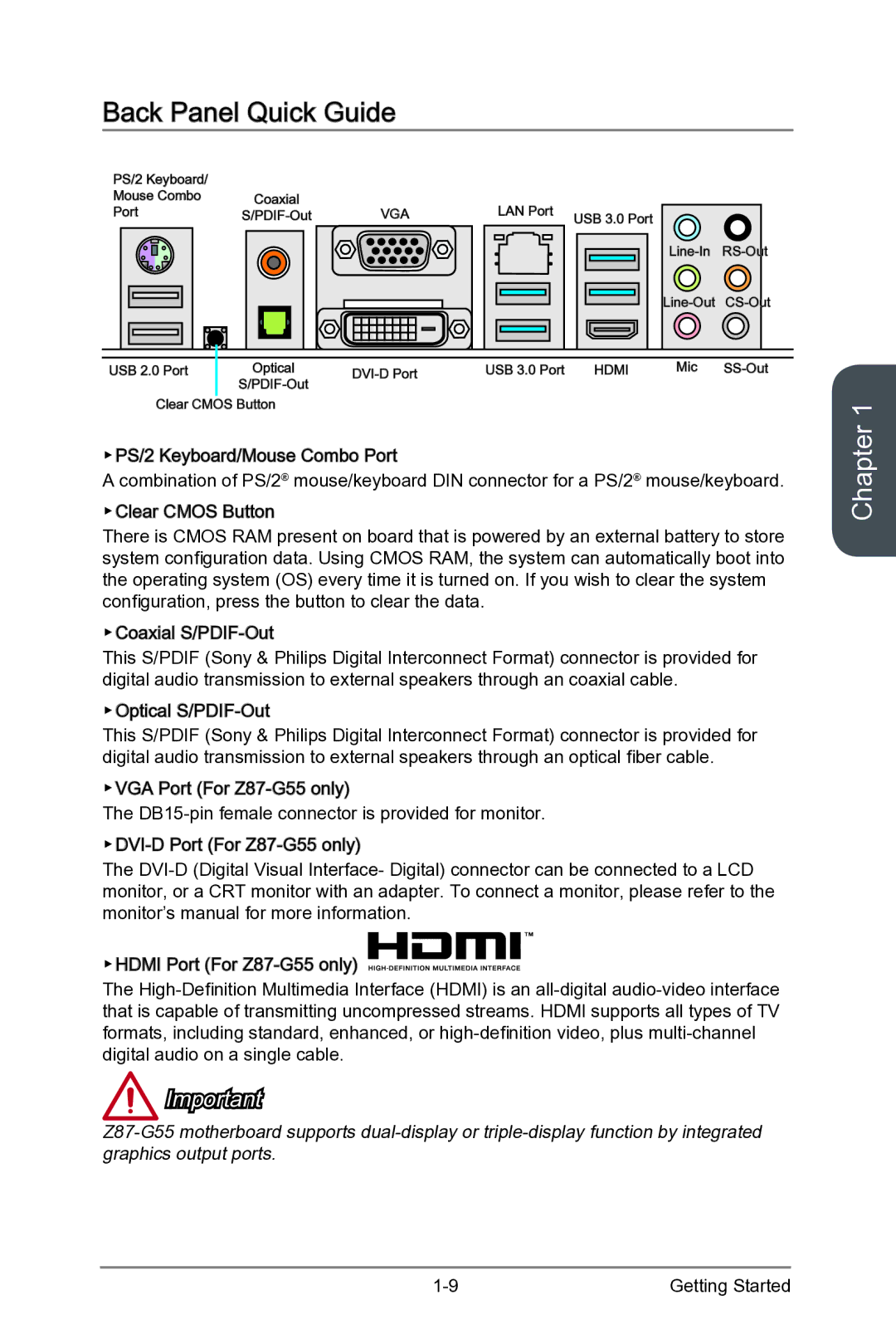 MSI Z87-G55 manual Back Panel Quick Guide 